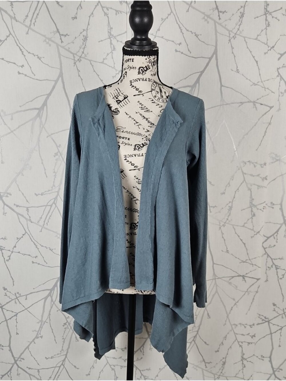 Bryn Walker Blue Cotton Linen Knit Asymmetrical Waterfall Cardigan